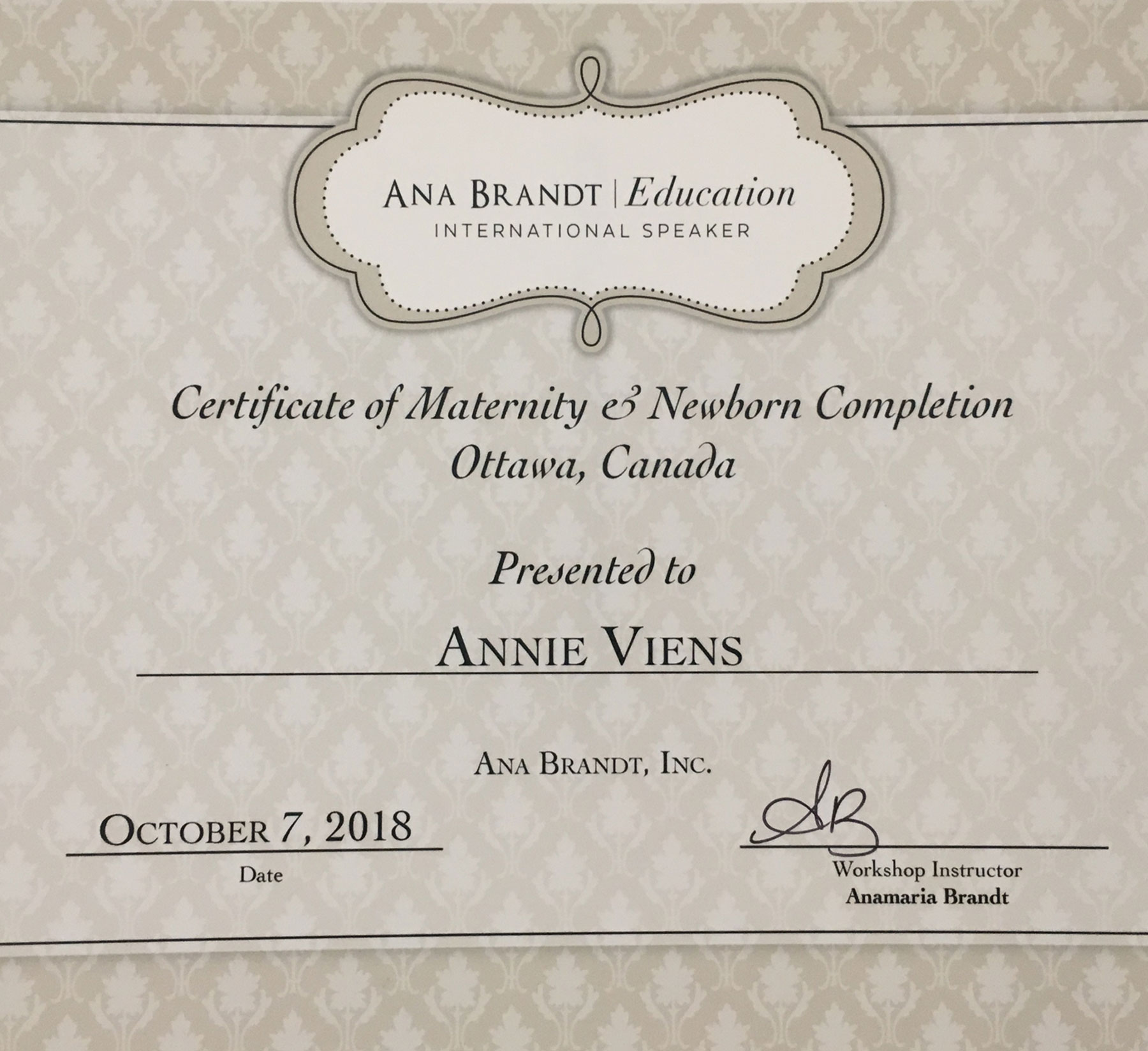 Annie Viens Certificate